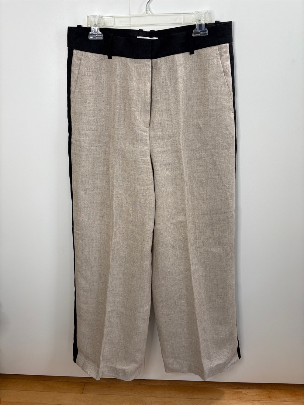 Reiss Natural Linen Wide-Leg Tuxedo Stripe Pants with Black Trim 14R